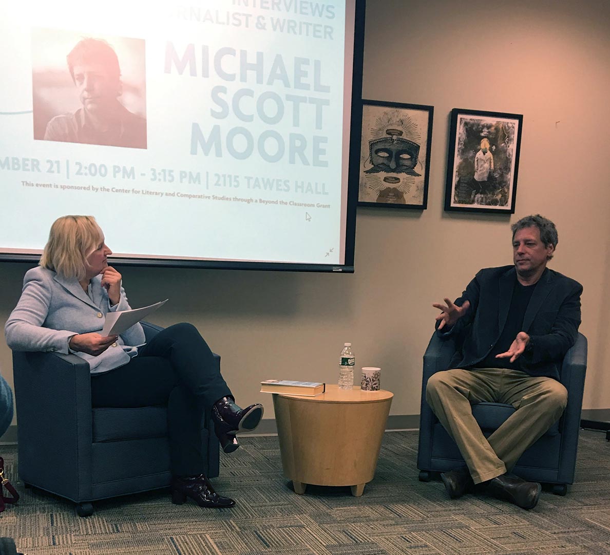 Image: Danuta Hinc speaks with author Michael Scott Moore