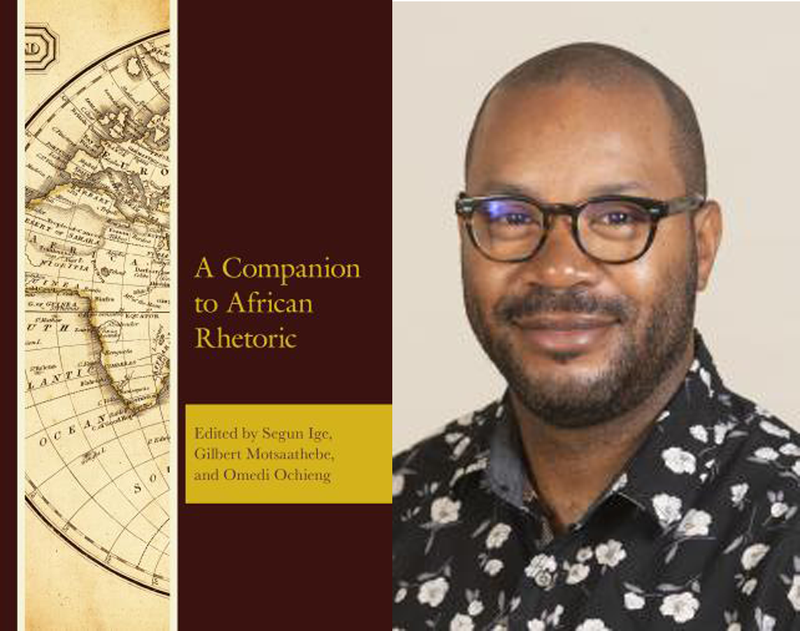 Book Cover of "A Companion to African Rhetoric" with a half globe and Red background. Also a headshot of Dennis Winston smiling.