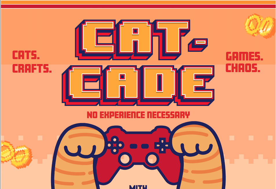 Text: CATCADE cats, games, crafts, chaosno experience necessary Image: cat paws with a game controller