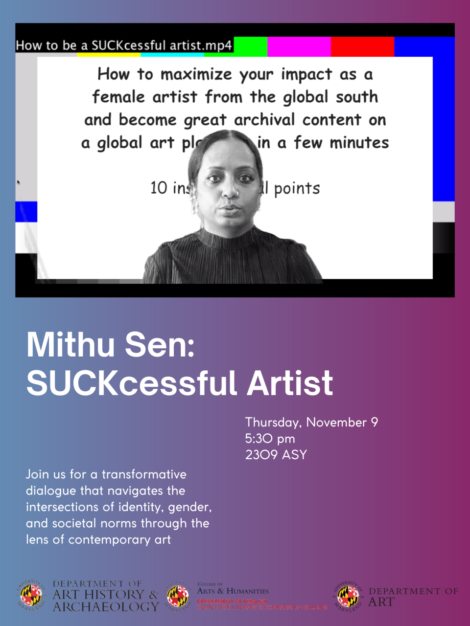 Flyer for Mithu Sen artist lecture and dialogue