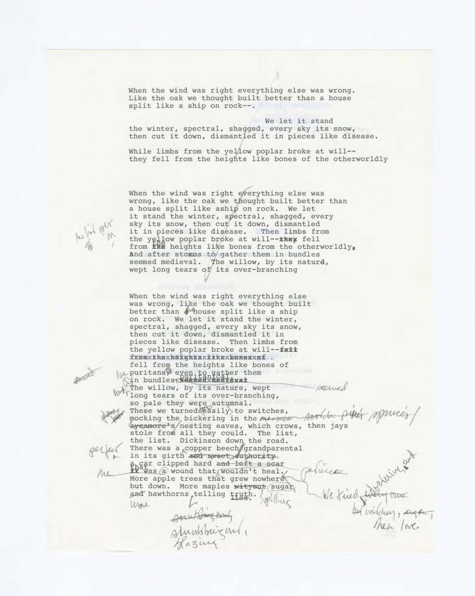 Draft of Stanley Plumly's "The Marriage in the Trees" showing typewritten text and handwritten edits and annotations