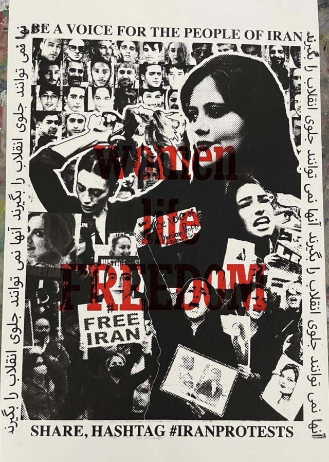 Nilou's print in collage style of protesting women with Farsi text and English text reading: Share, Hashtag #IRANPROTESTS. BookLab's type are printed over the poster in red ink saying, Women, Life Freedom